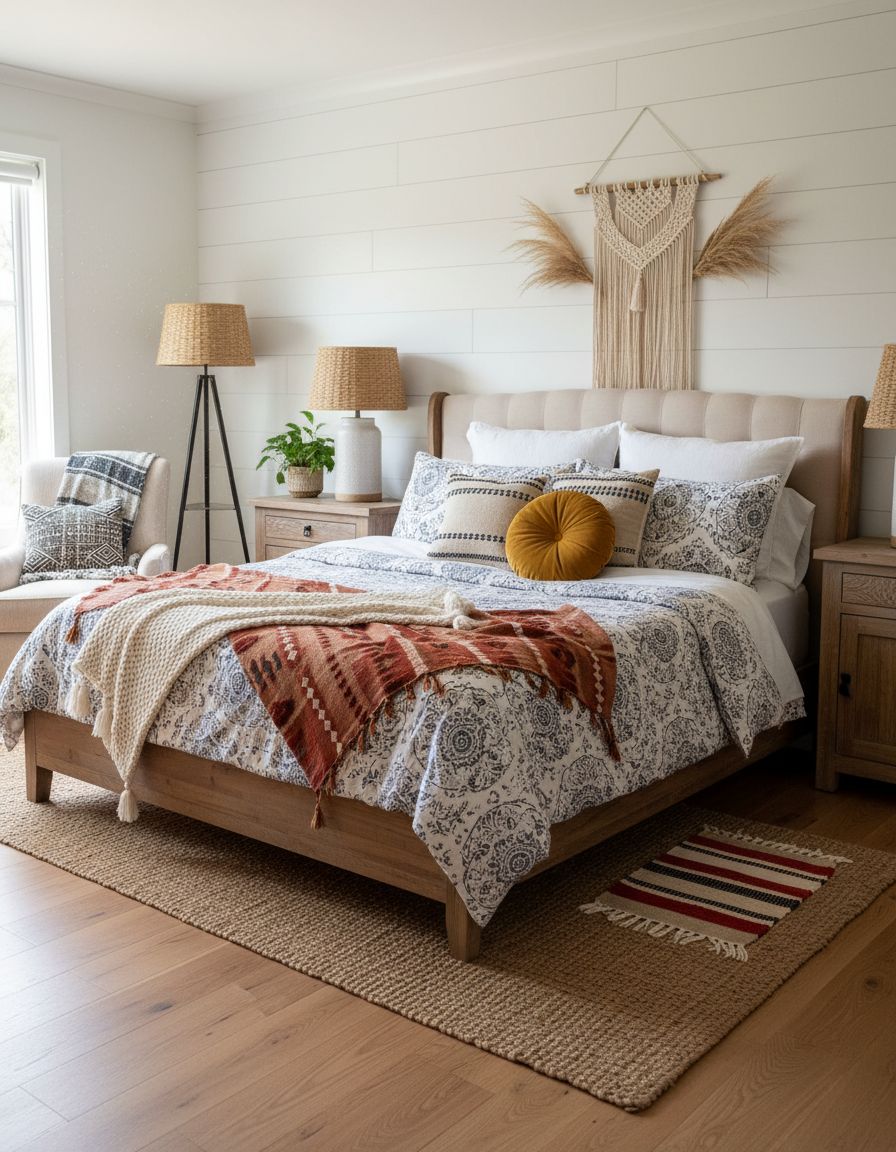 Boho Farmhouse Bedroom Featuring Mixed Pattern Bedding