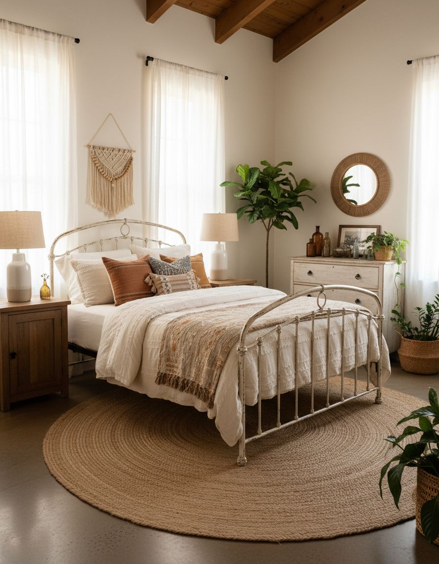 Boho Farmhouse Bedroom Featuring Wrought Iron Bed Frame