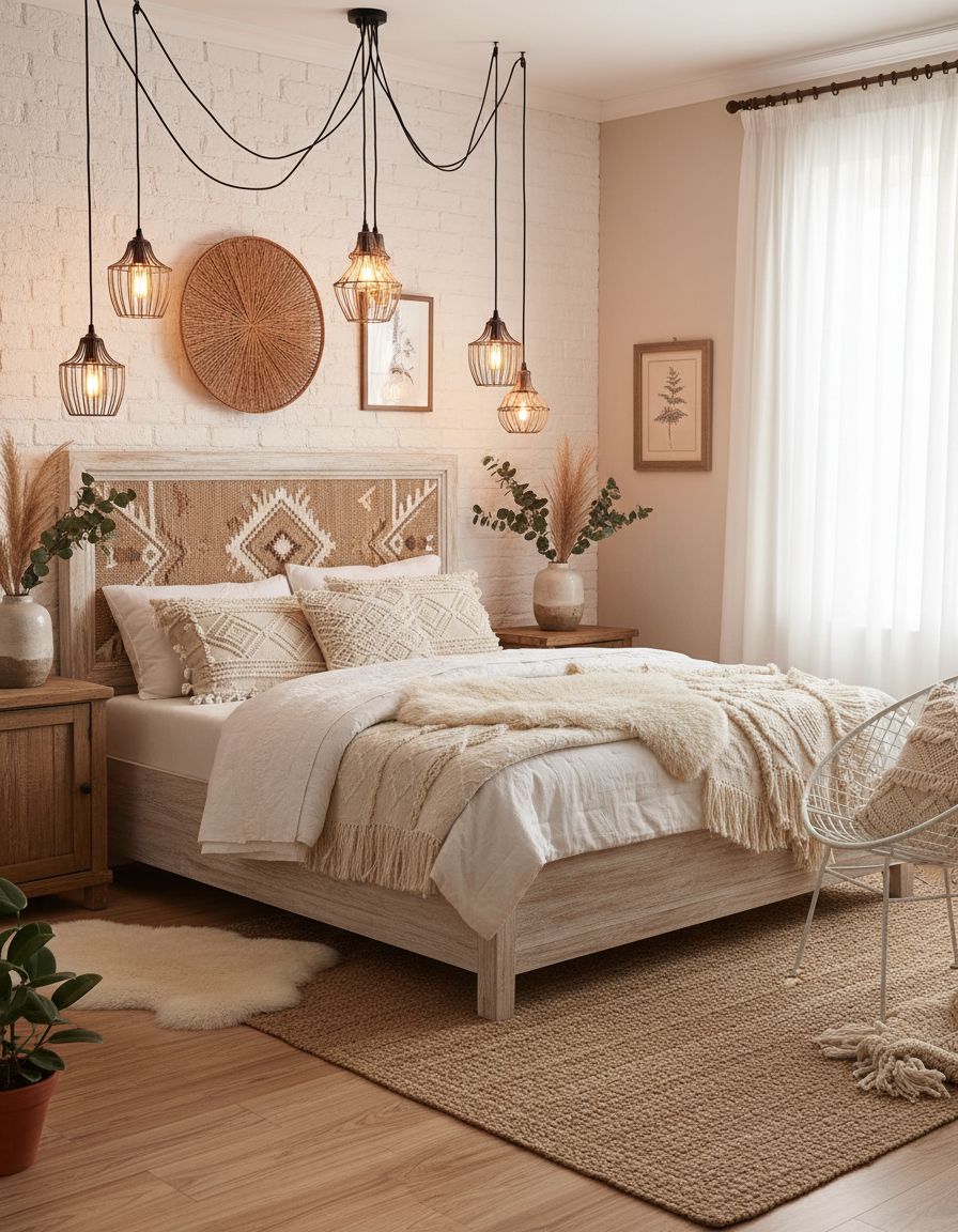 Boho Farmhouse Bedroom with Edison Bulb Lighting