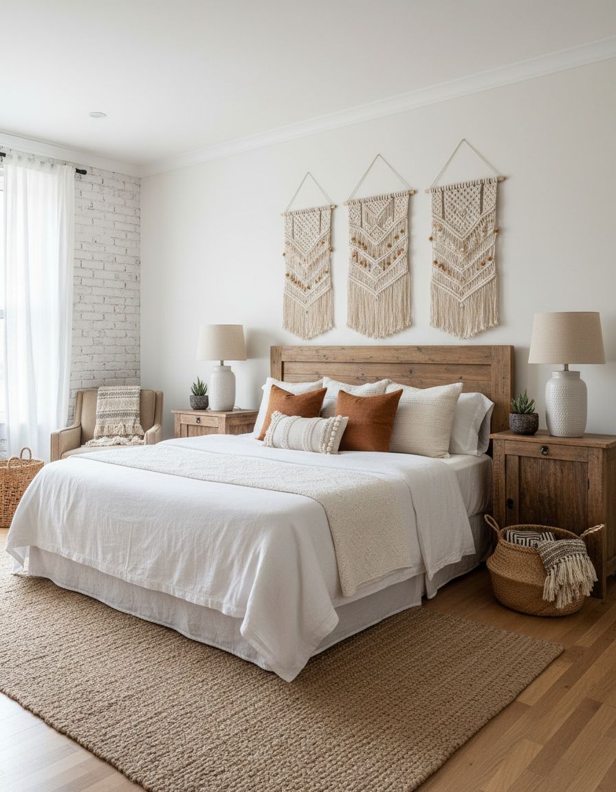 Boho Farmhouse Bedroom with Macramé Wall Hangings