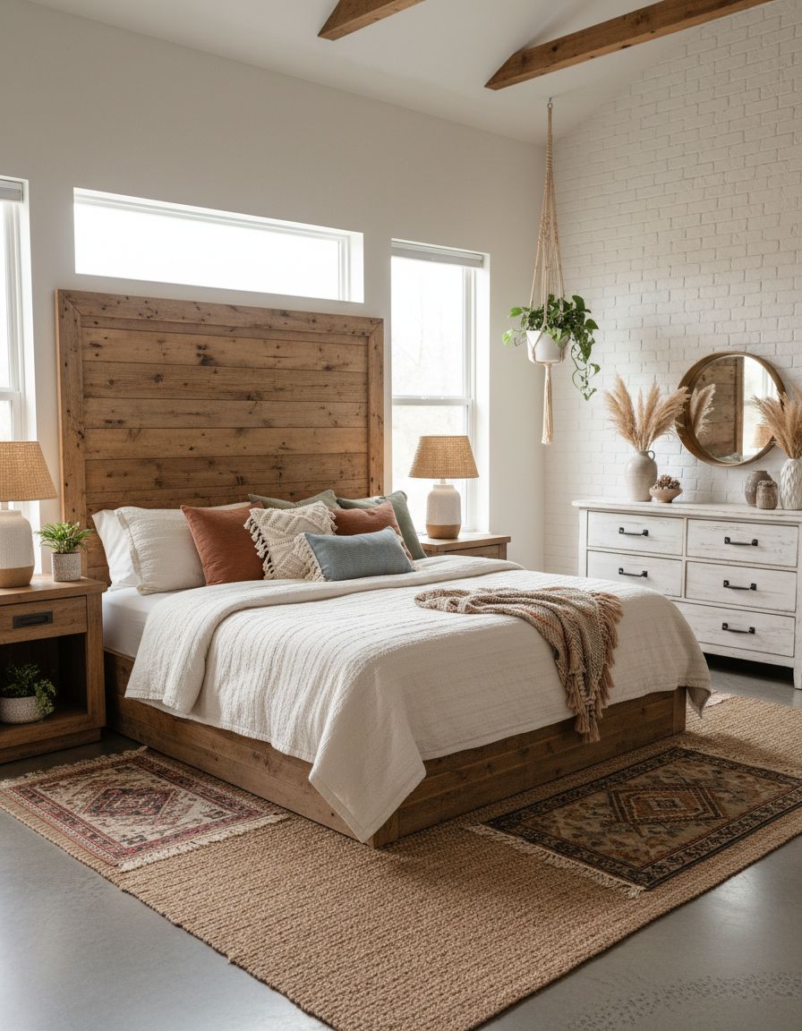 Boho Farmhouse Bedroom with Reclaimed Wood Accents