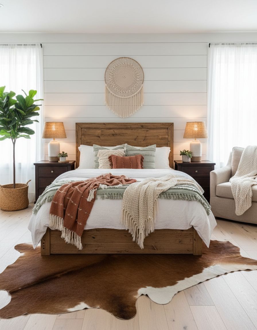 Boho Farmhouse Bedroom with Shiplap Feature Wall