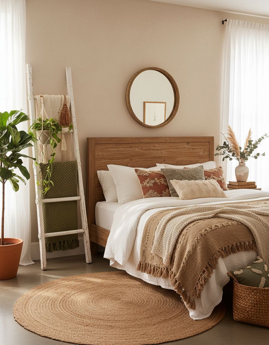 Boho Farmhouse Bedroom with Vintage Ladder Decor