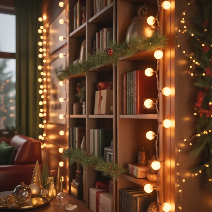 A bookshelf decorated with string lights, pine garland, and Christmas ornaments, with wrapped gifts and books arranged on the shelves.