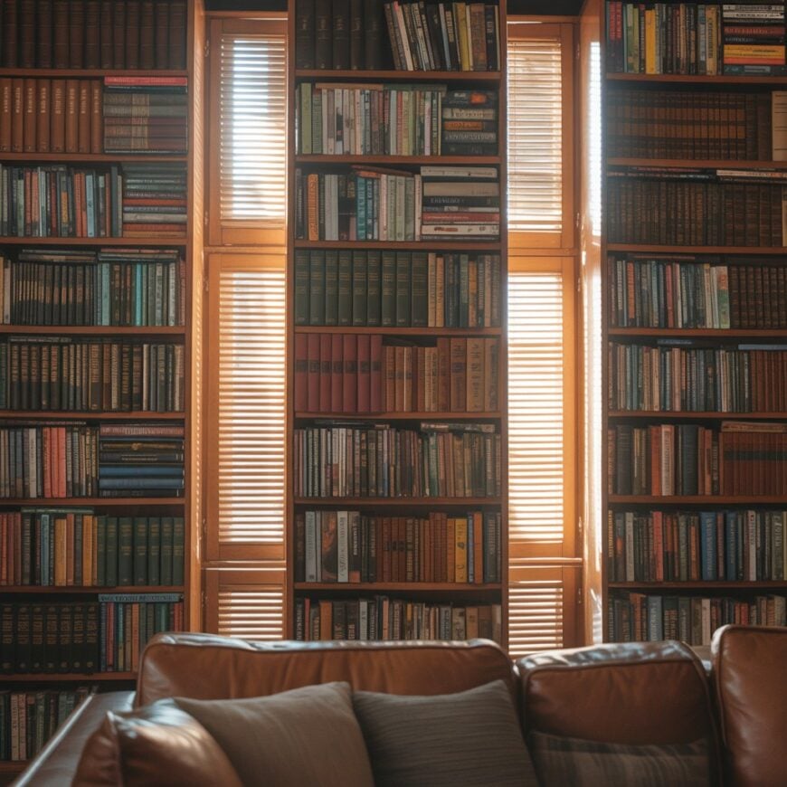 Tall wooden bookshelves filled with books behind a brown leather sofa with pillows.