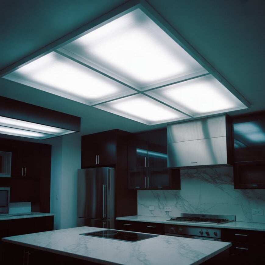 Modern kitchen with bright ceiling lights, dark cabinets, stainless steel appliances, and marble countertops.