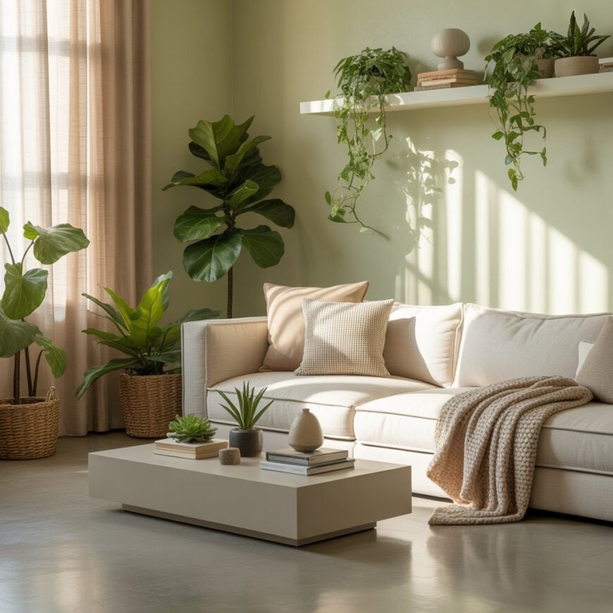 A bright living room with a light beige sofa, neutral pillows, a low coffee table with books and plants, woven baskets with greenery, and a wall shelf with trailing plants.