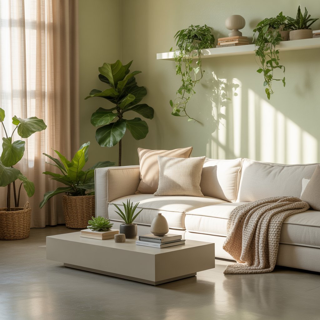 A bright living room with a light beige sofa, neutral pillows, a low coffee table with books and plants, woven baskets with greenery, and a wall shelf with trailing plants.