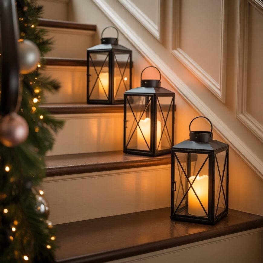 Black metal lanterns with glowing candles placed on wooden staircase steps next to decorated garland.