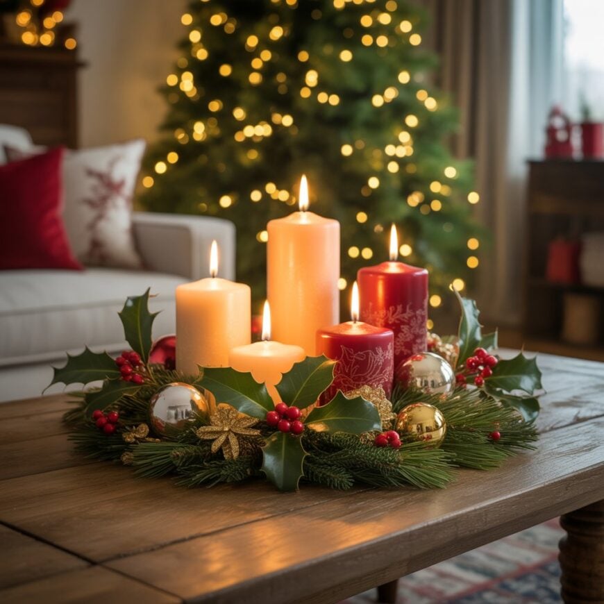 A Christmas centerpiece with red and white candles, holly leaves, and ornaments on a wooden table in front of a lit Christmas tree.