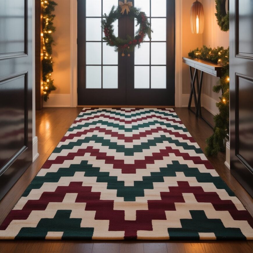 Entryway with a geometric red, green, and cream rug, holiday greenery, and a wreath on the double doors.