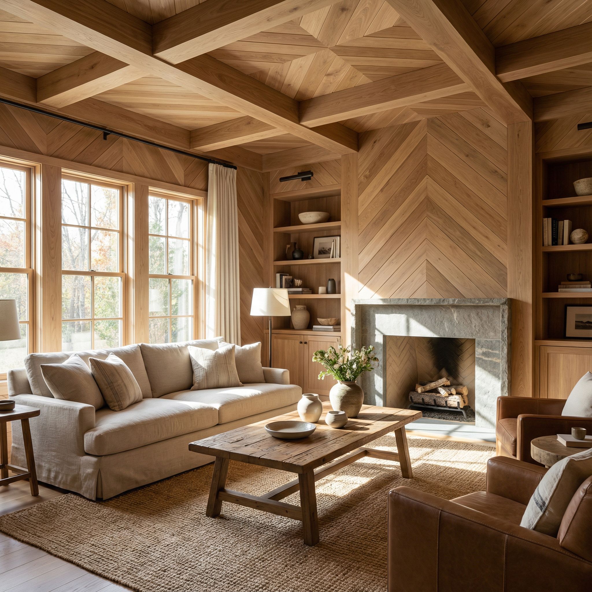 Chevron Wood Panel Living Room with Cross-Beam Ceiling Detail
