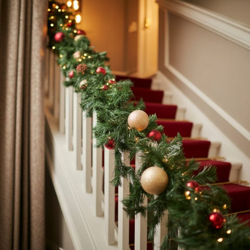 Staircase railing decorated with green garland, red and gold ornaments, and warm lights.
