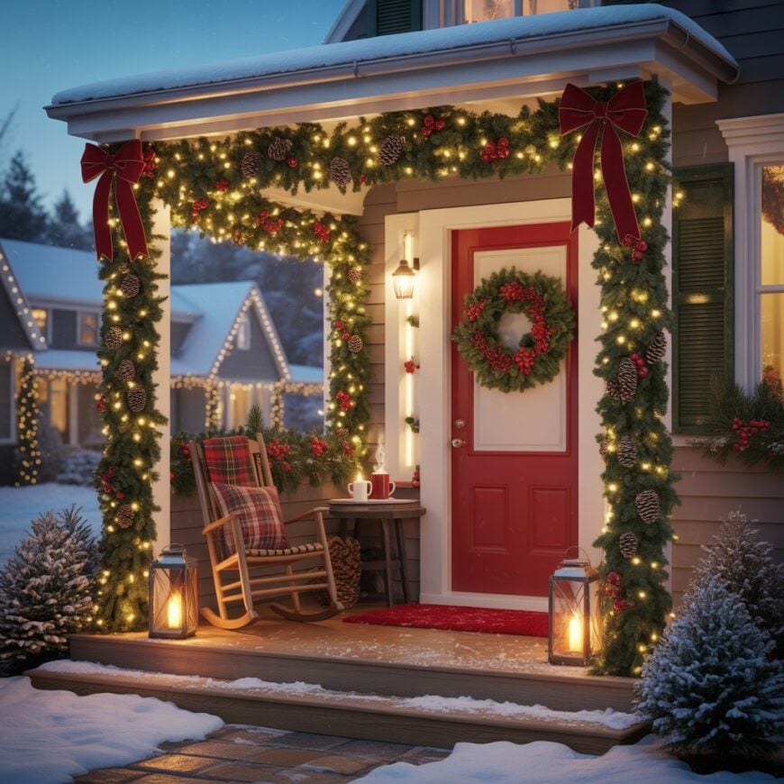 A house porch decorated for Christmas with garlands, lights, a red door wreath, lanterns, and a rocking chair on a snowy evening.