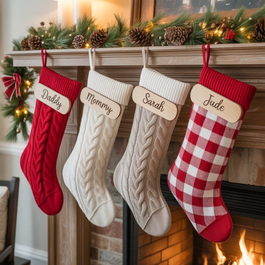 Four Christmas stockings labeled โDaddy,โ โMommy,โ โSarah,โ and โJudeโ hang on a decorated fireplace mantel with pine garland and lights.