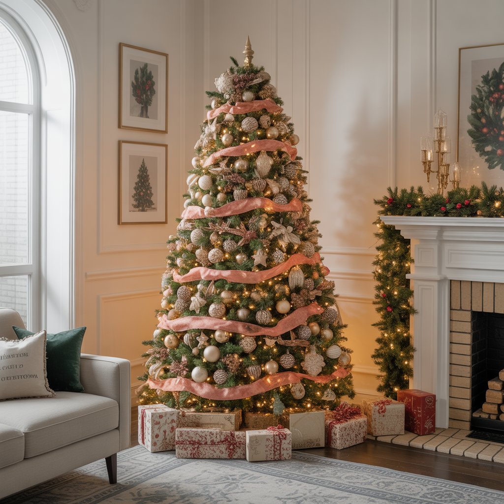 A decorated Christmas tree with pink ribbon, gold ornaments, and wrapped gifts at the base in a living room with a fireplace and wall art.