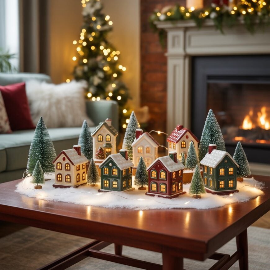 A Christmas village display with small lit houses and trees sits on a coffee table in front of a fireplace and decorated tree.