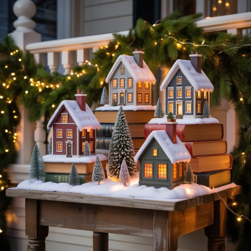 Miniature snow-covered houses with lit windows sit on stacked books, surrounded by small trees and string lights on a porch table.