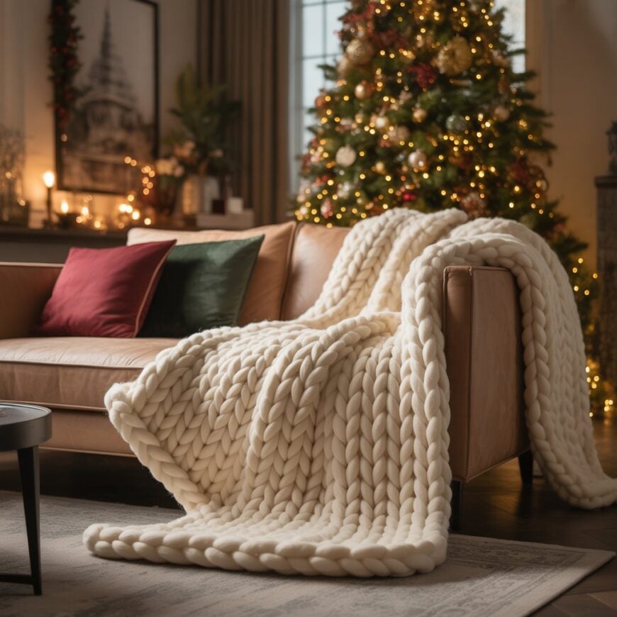 A tan sofa with a chunky white knit blanket and red and green pillows sits in front of a decorated Christmas tree.