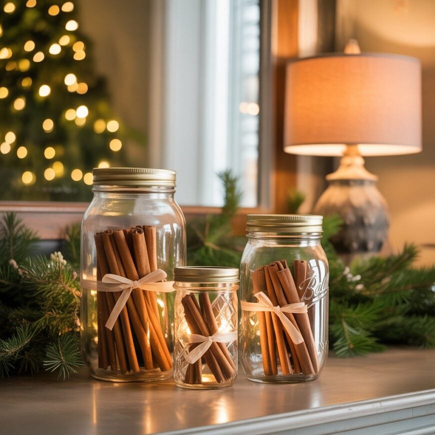 Glass jars filled with cinnamon sticks tied with ribbons, set on a surface with greenery and warm holiday lights in the background.