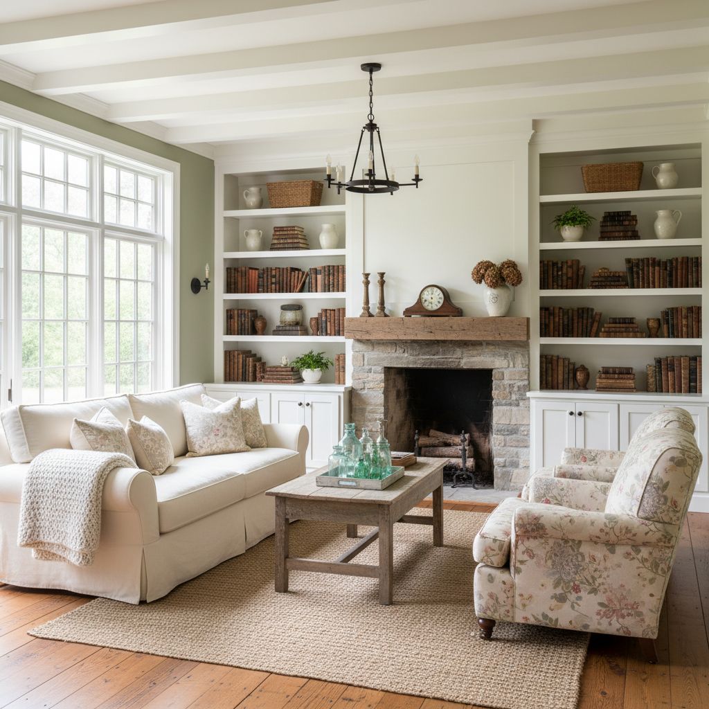 Classic Farmhouse Living Room with Built-In Shelving