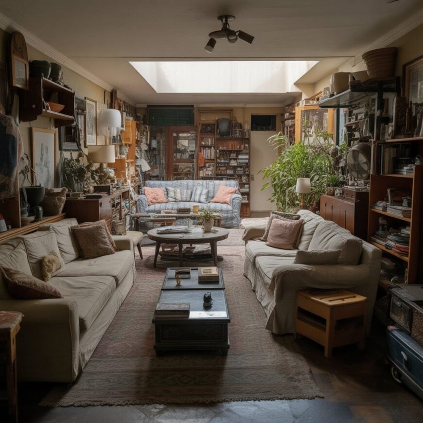 Large living room with mismatched sofas, many shelves filled with items, and a skylight above.