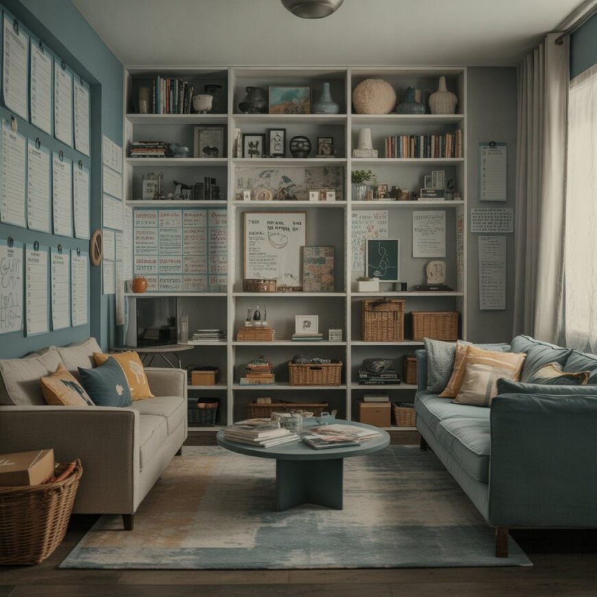 A living room with two sofas, a round coffee table, and a large wall of shelves filled with books, baskets, and notes.