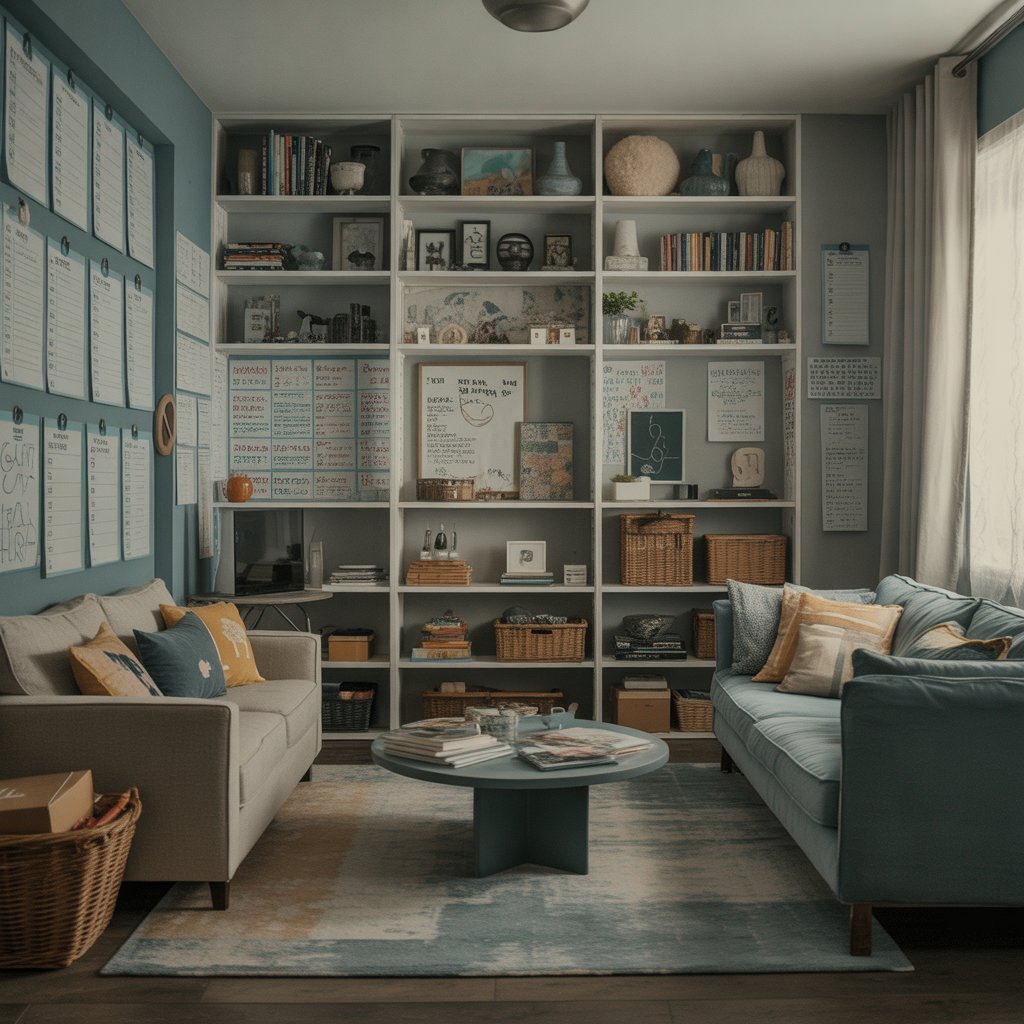 A living room with two sofas, a round coffee table, and a large wall of shelves filled with books, baskets, and notes.