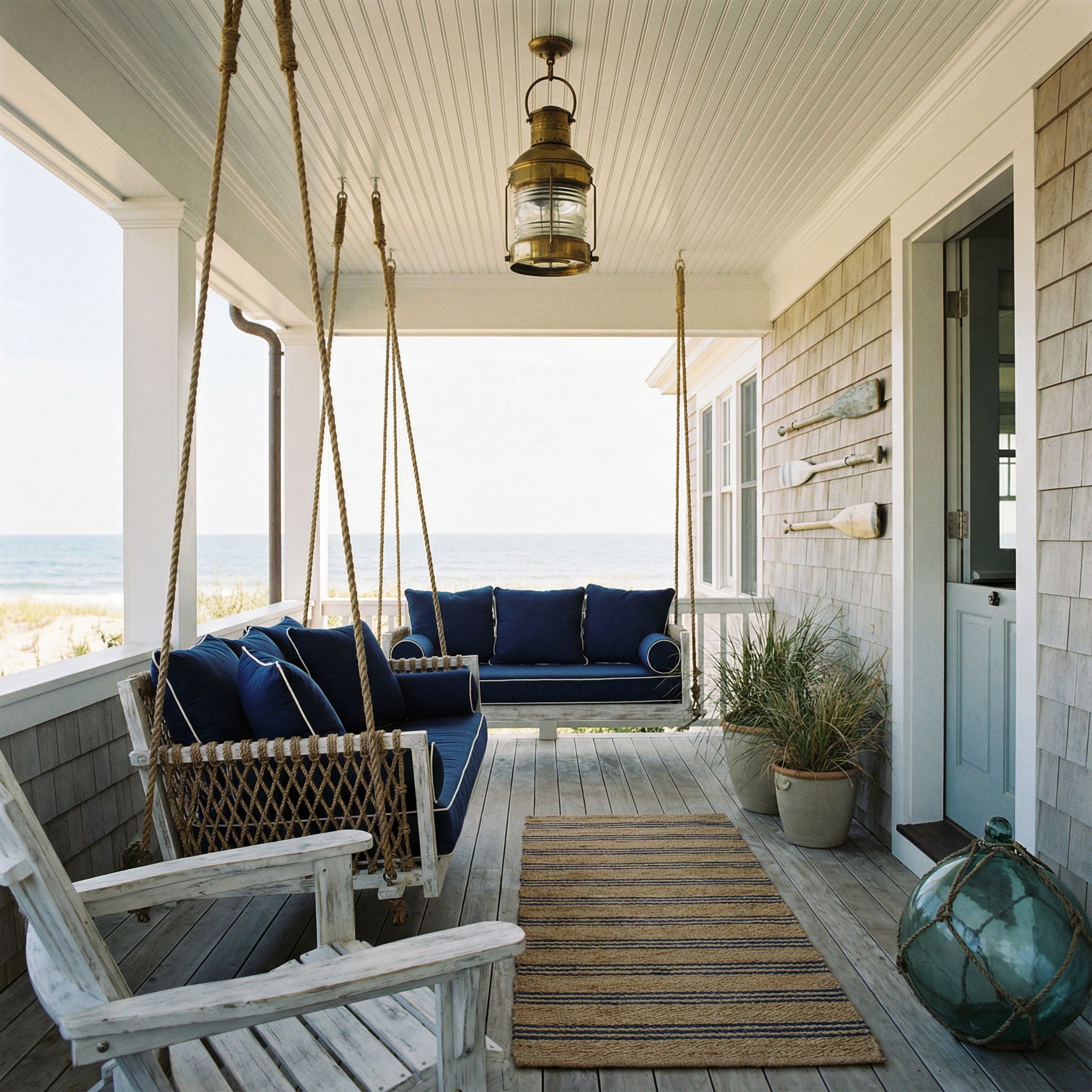 Coastal Covered Front Porch with Nautical Elements