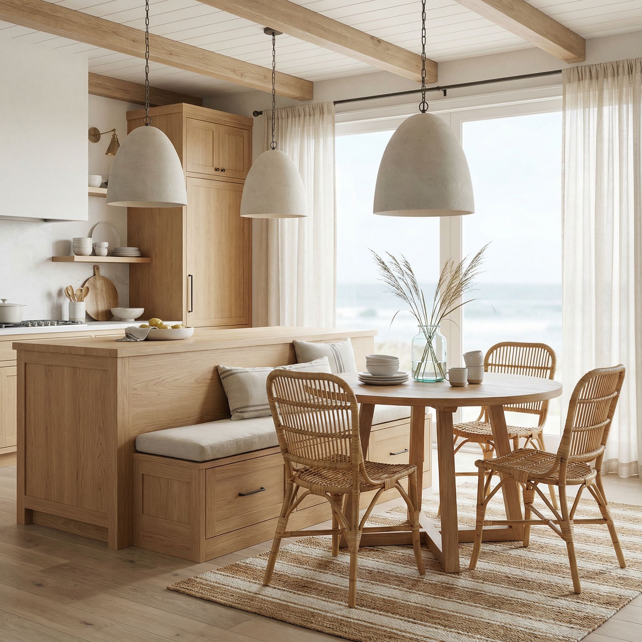 Coastal Kitchen Island Dining Nook with Light Wood