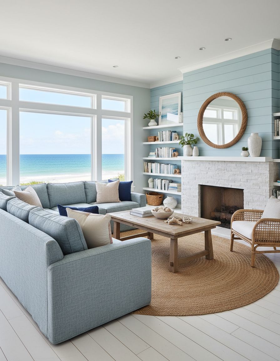 Coastal Living Room with Casual Bookshelf