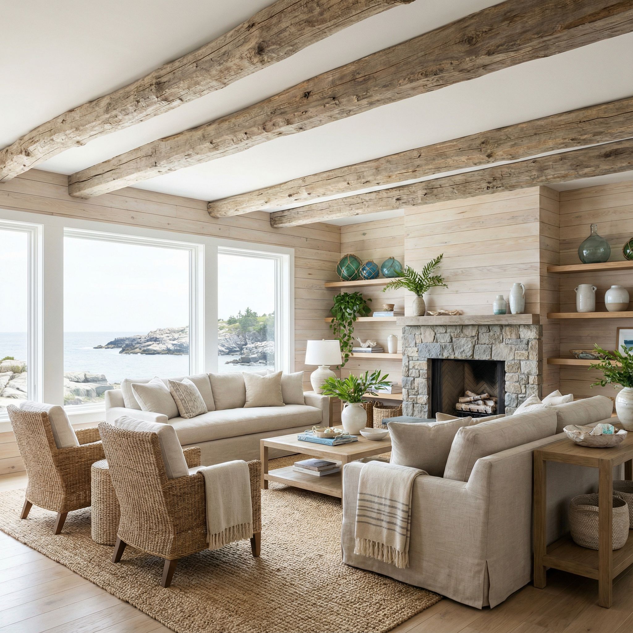 Coastal Wood Panel Living Room with Driftwood-Inspired Ceiling Beams