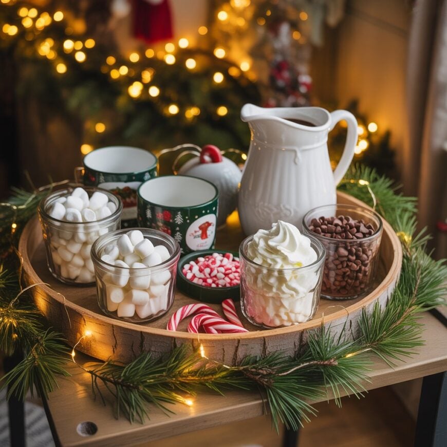 A Christmas-themed hot cocoa station with mugs, a pitcher, and jars filled with marshmallows, whipped cream, chocolate chips, and peppermint candies on a tray decorated with pine garland and lights.