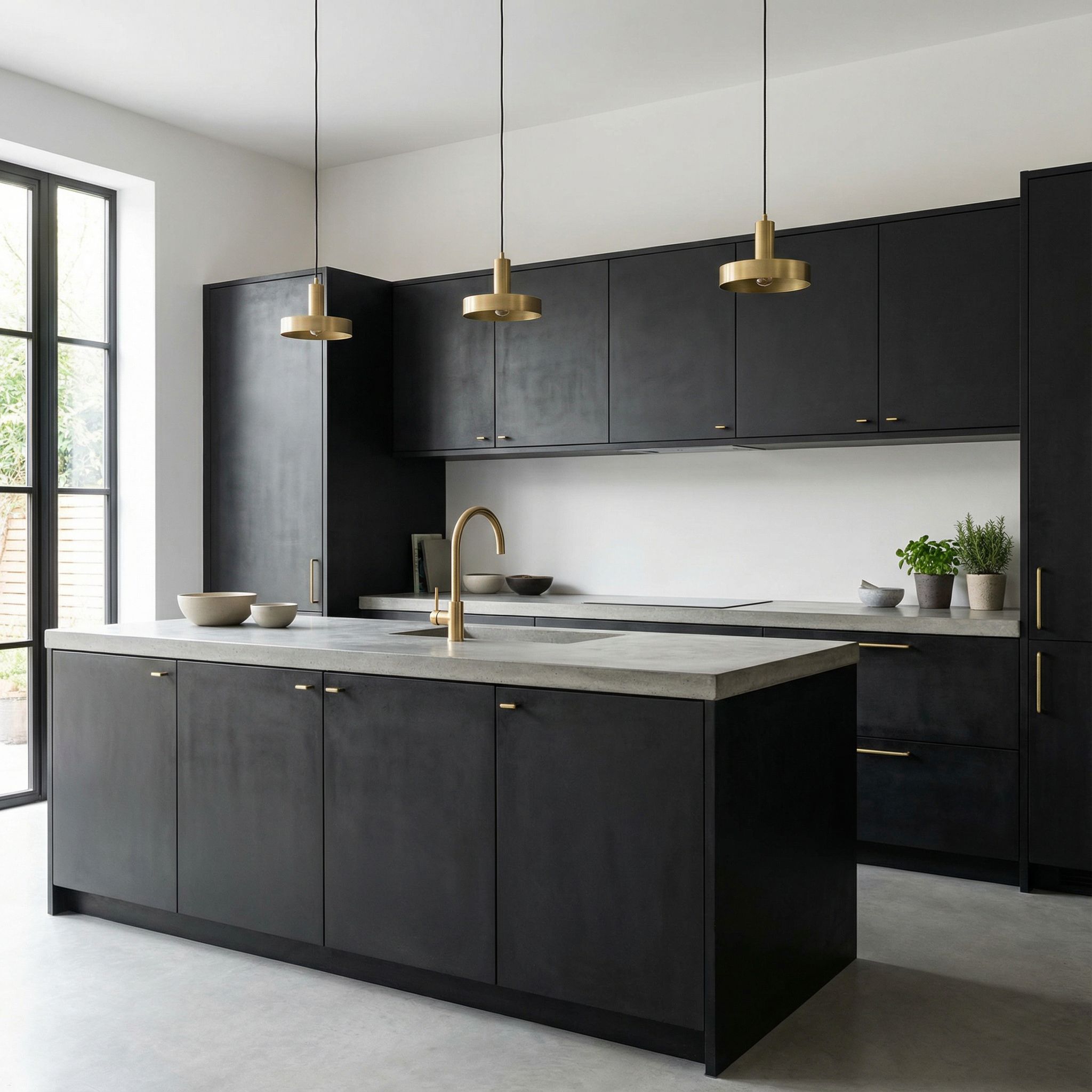 Concrete Matte Black Kitchen with Brass Fixtures