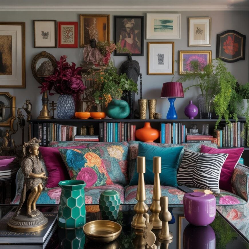Colorful living room with patterned sofa, bright pillows, bookshelves, plants, and conflicting decorative objects on a table.
