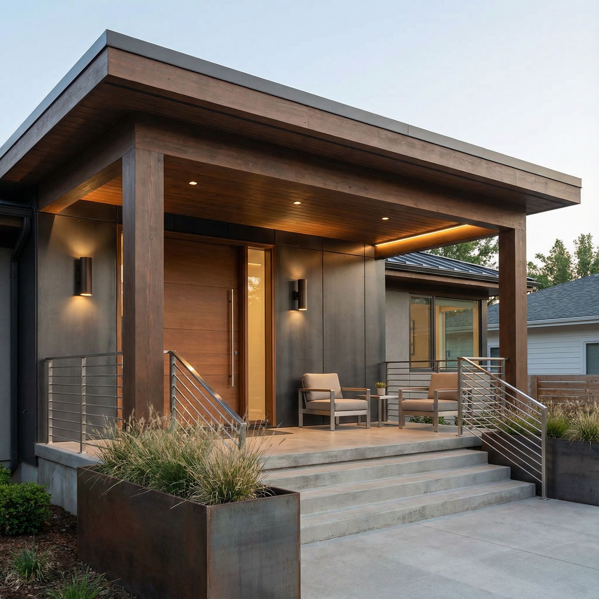 Contemporary Covered Front Porch with Metal Accents