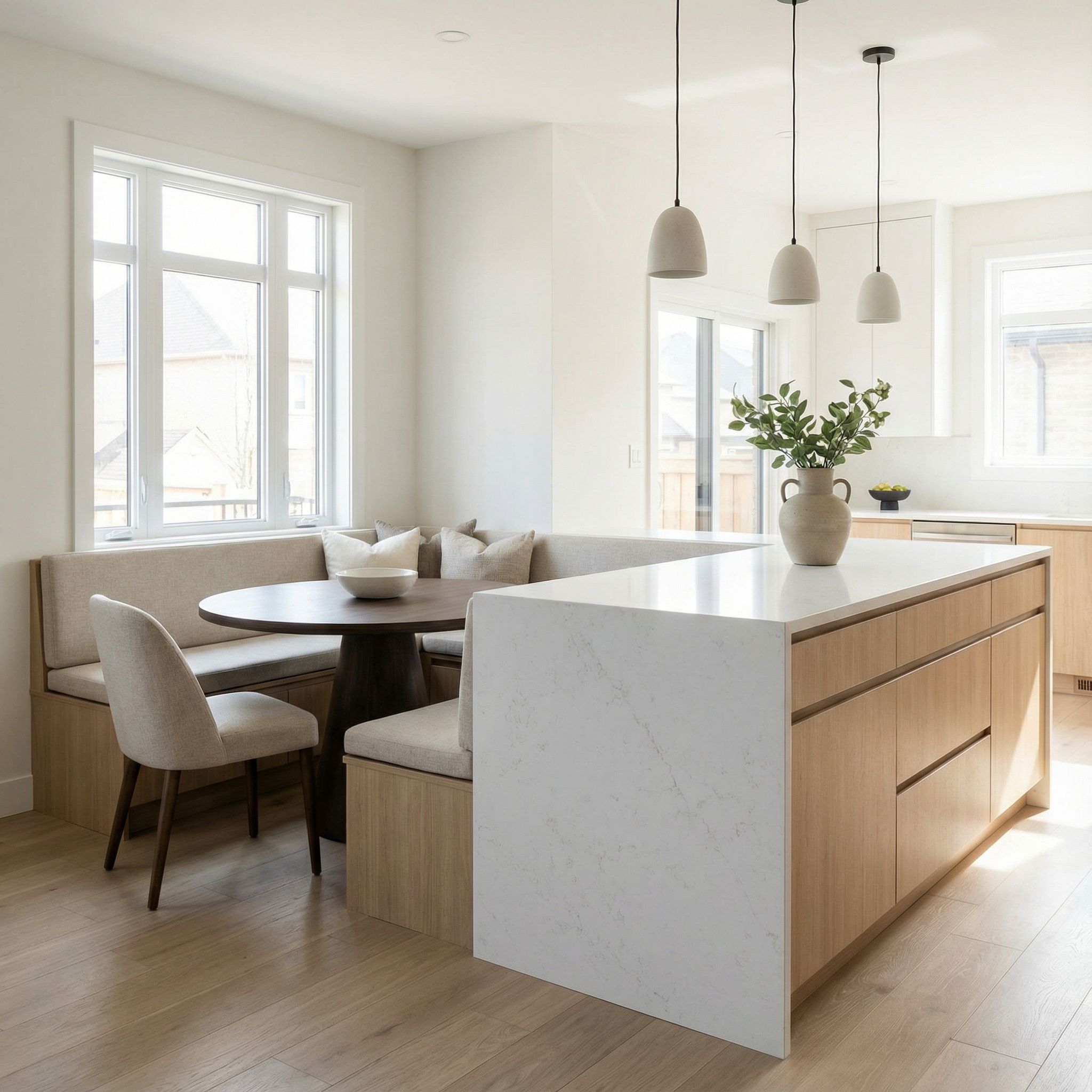 Contemporary Kitchen Island Dining Nook with Waterfall Edge