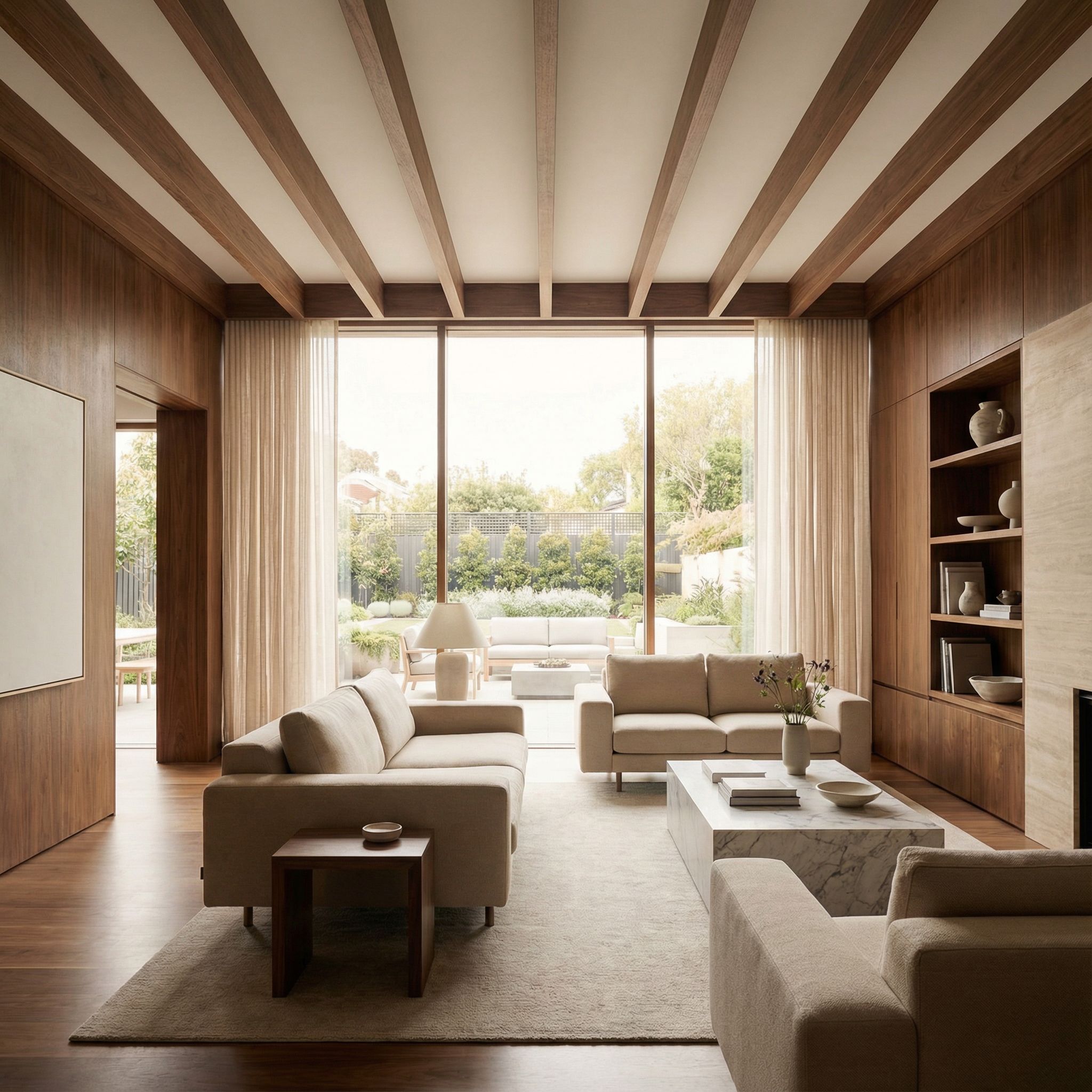 Contemporary Luxury Wood Panelled Living Room with Linear Beam Design