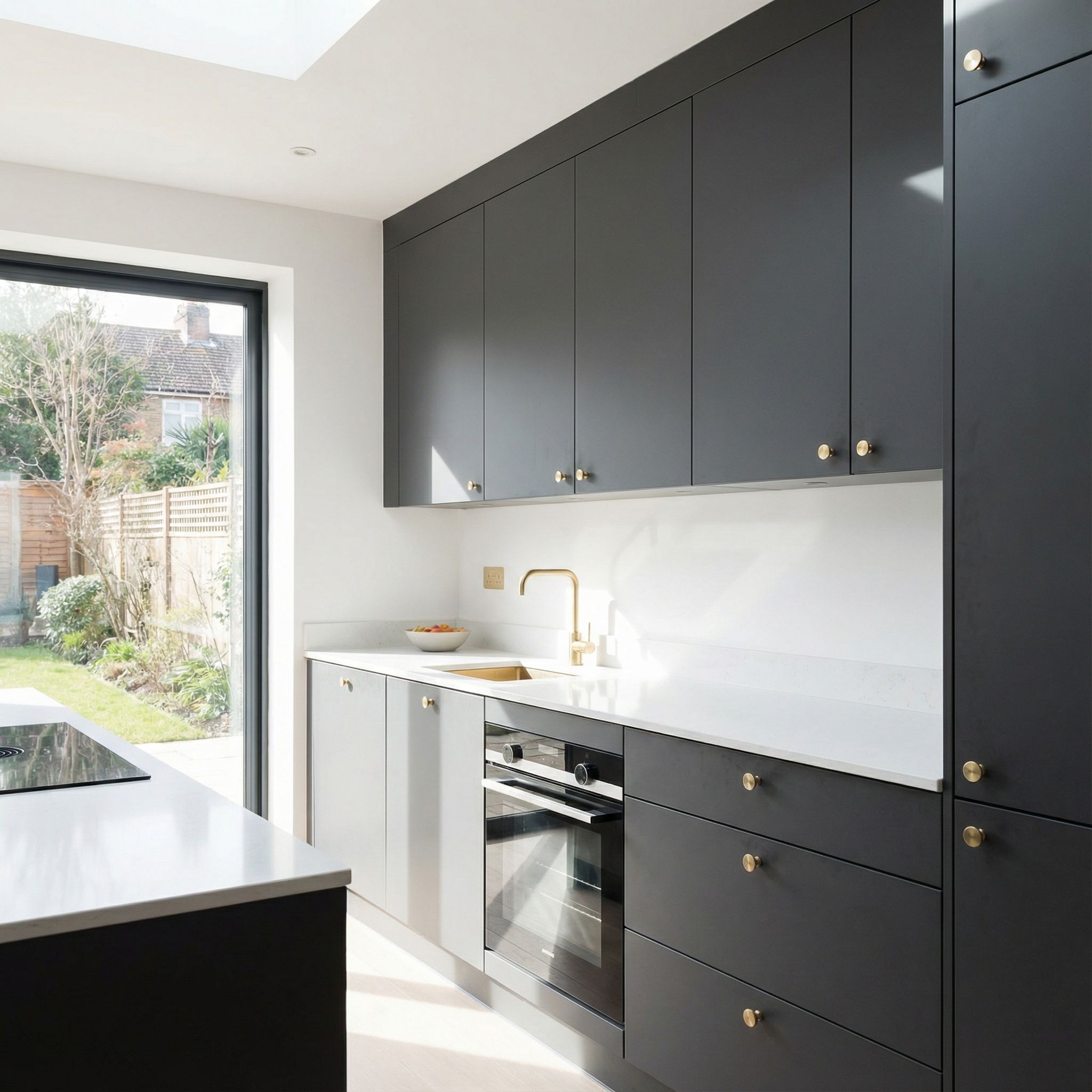 Contemporary Matte Black Cabinets and Brass Knobs