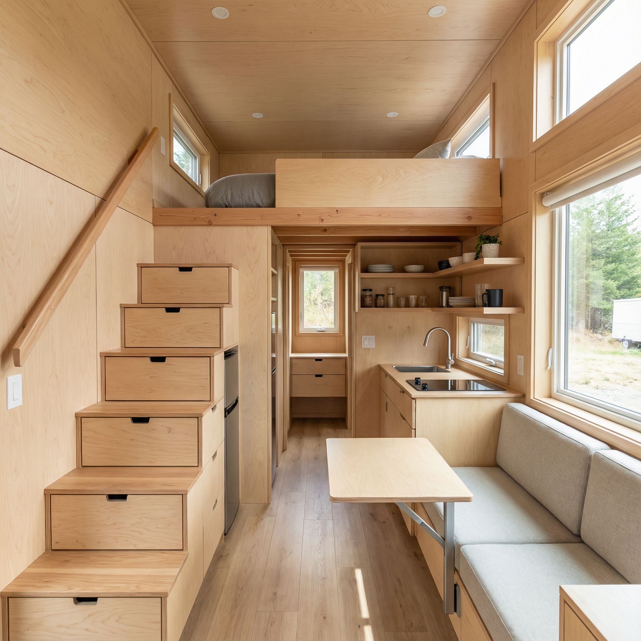 Contemporary Tiny Home Interior with Loft Bed