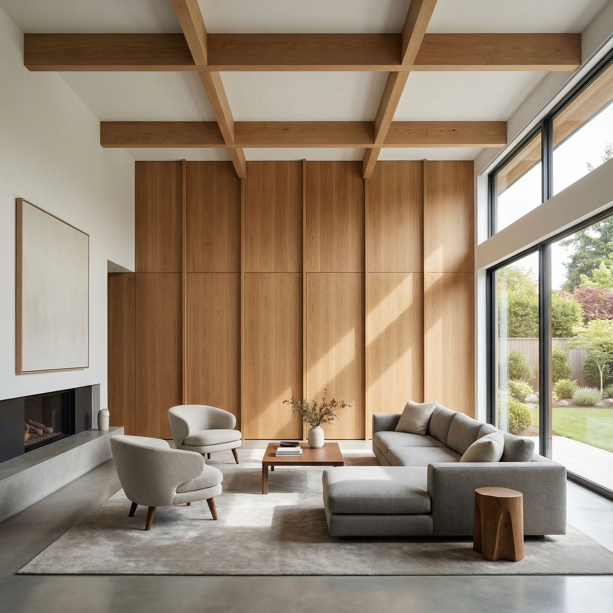 Contemporary Wood Panel Living Room with Minimalist Beam Design