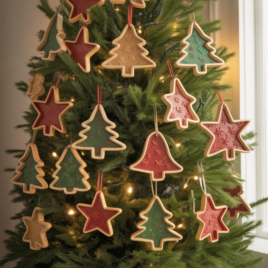 Christmas tree decorated with cookie cutter ornaments in star, tree, and bell shapes.