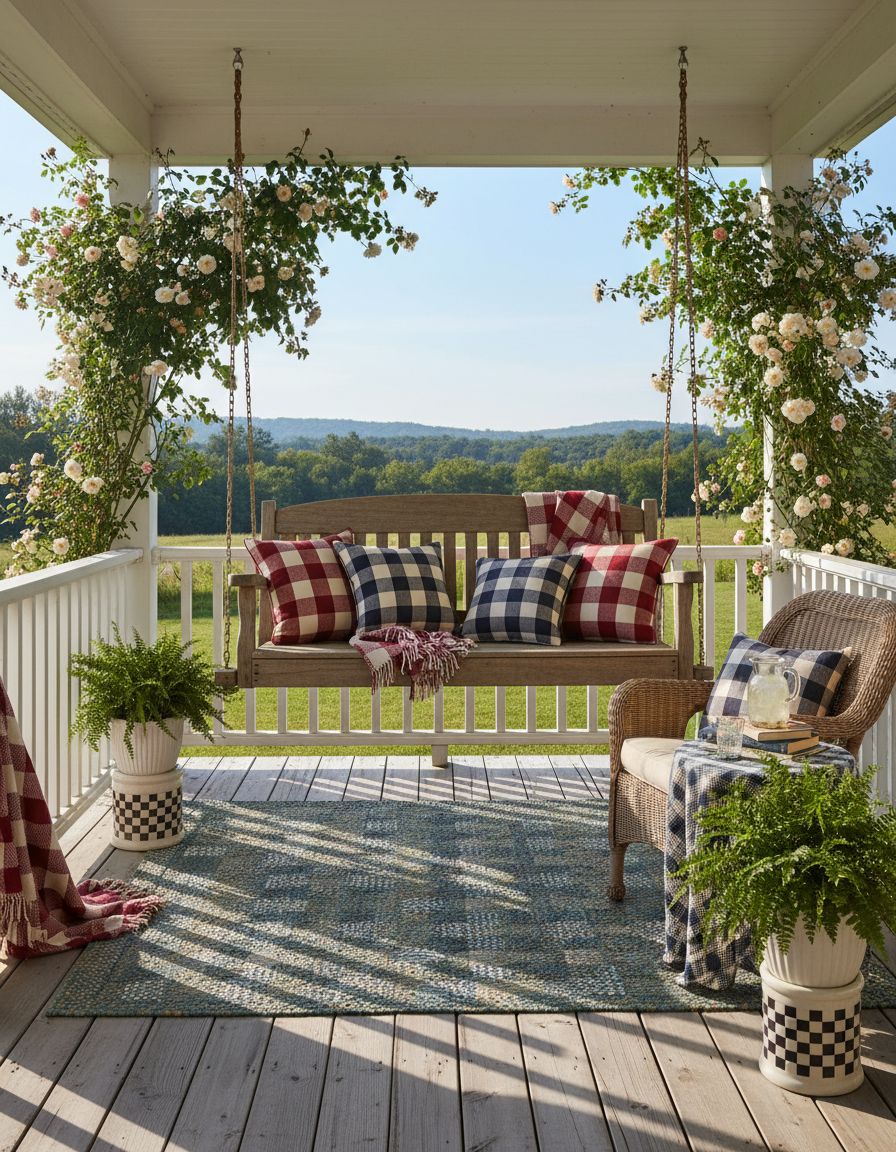 Country Front Porch with Checkered Textiles