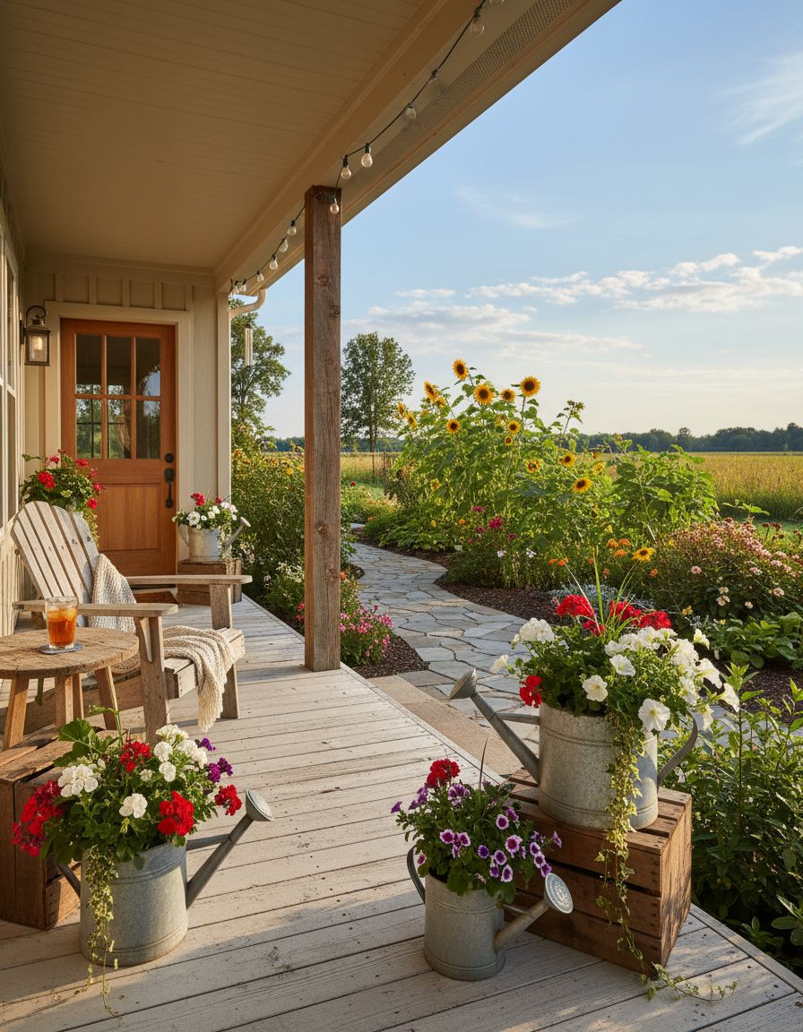 Country Front Porch with Watering Can Planters
