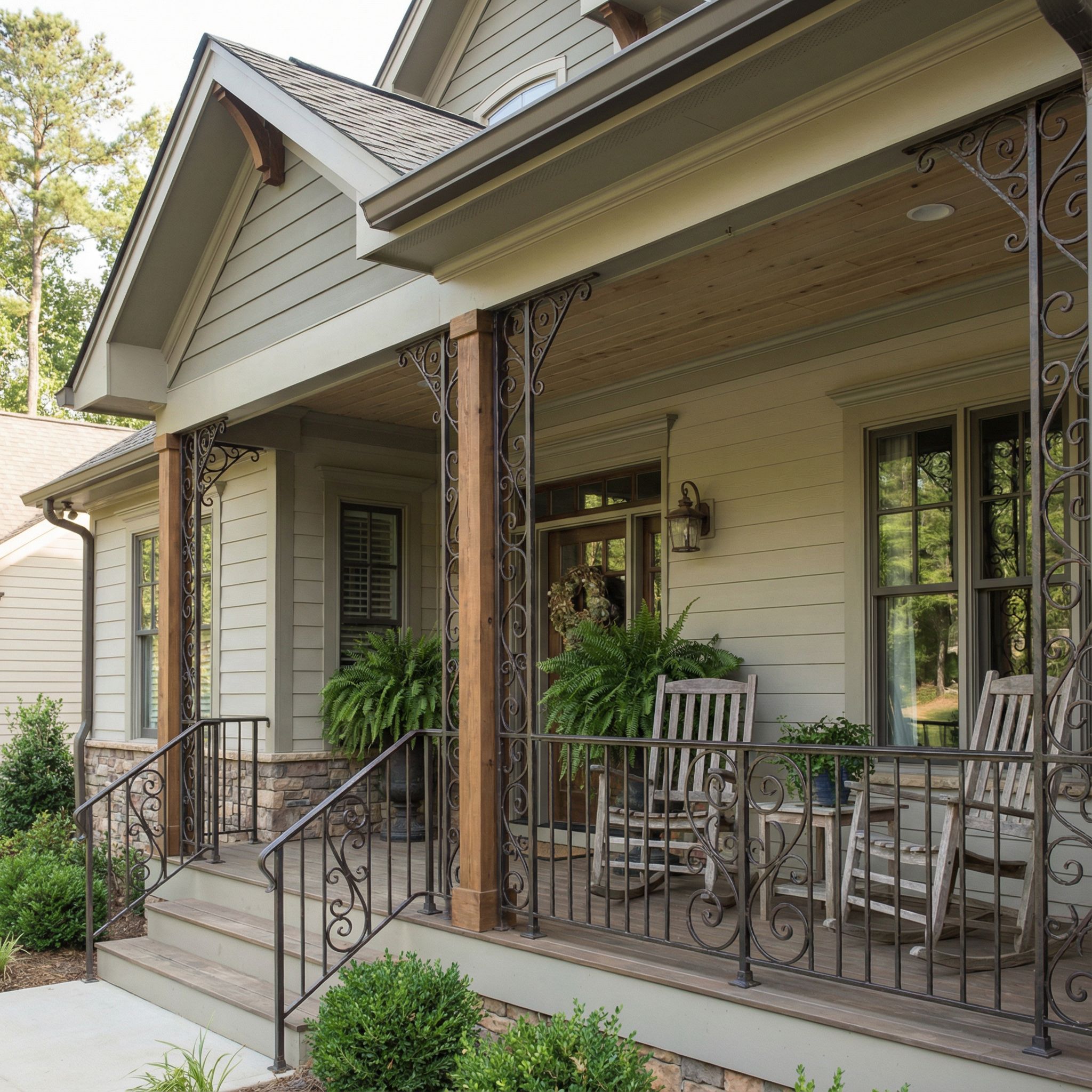 Covered Front Porch with Decorative Railings