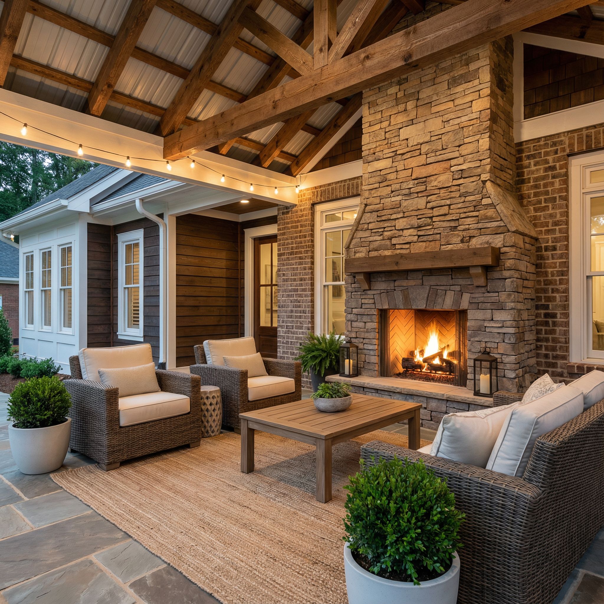 Covered Front Porch with Outdoor Fireplace Feature