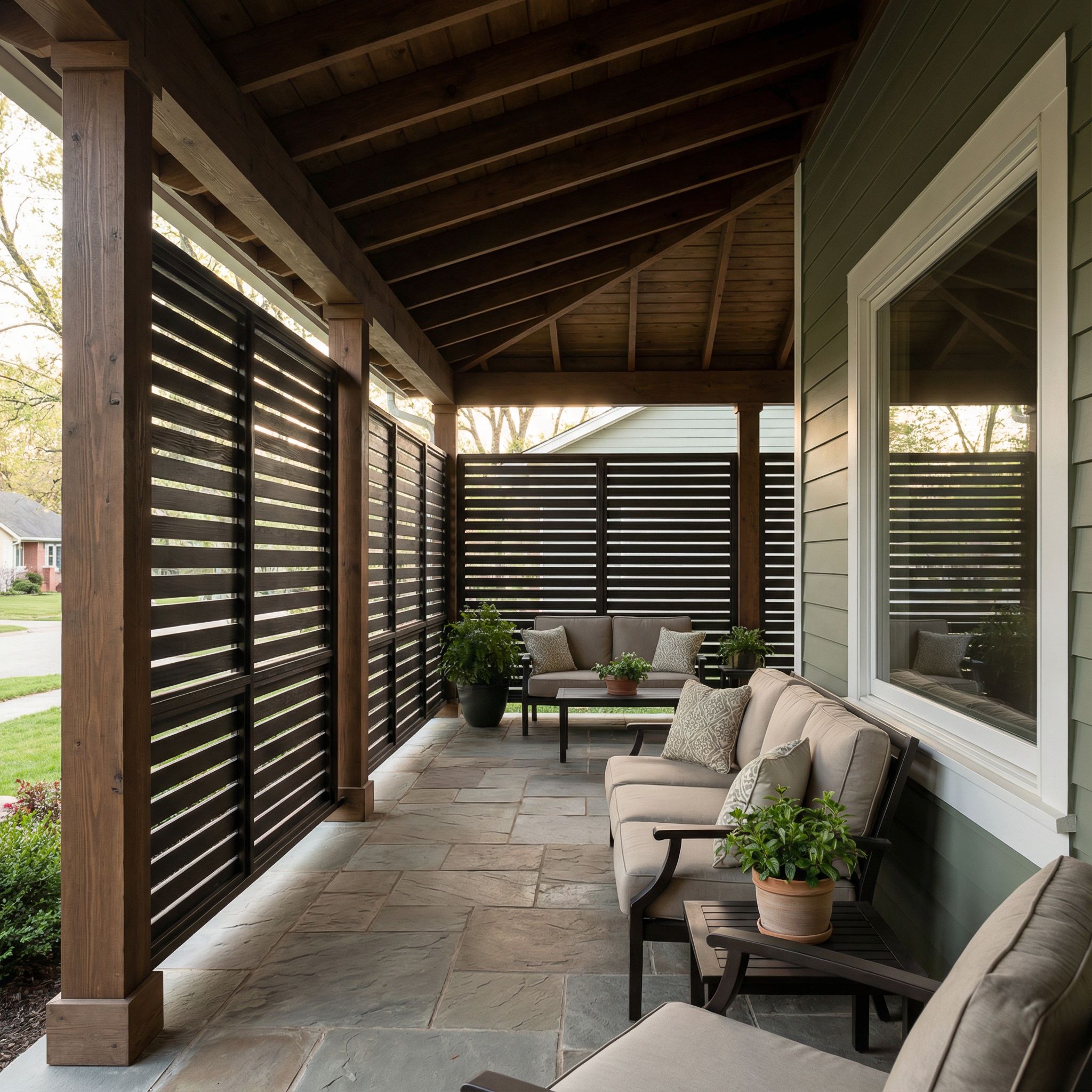 Covered Front Porch with Privacy Screens