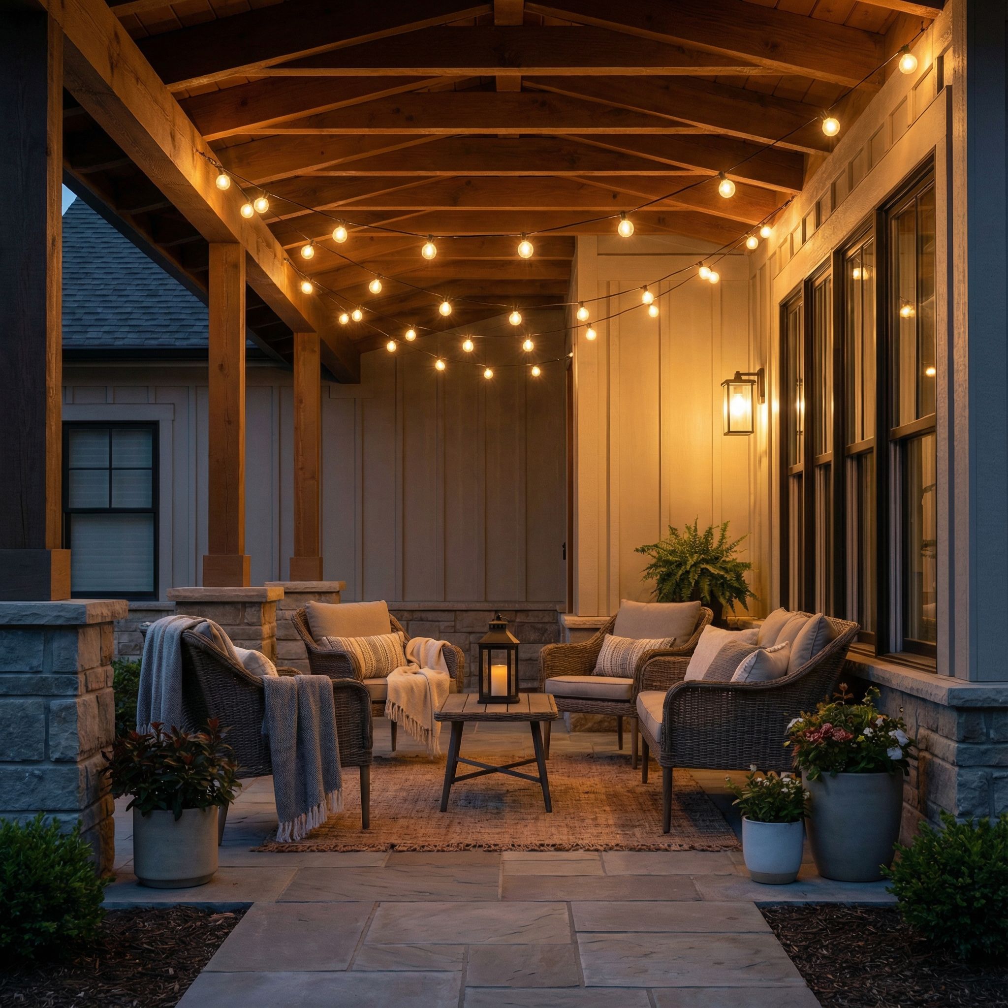 Covered Front Porch with String Lighting Design