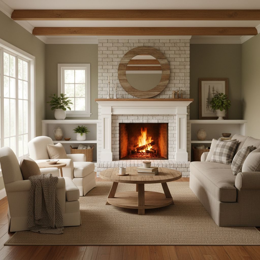Cozy Farmhouse Living Room with Brick Fireplace