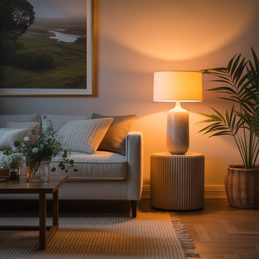 A cozy living room with a beige sofa, textured pillows, a glowing table lamp on a round side table, a coffee table with flowers, and a potted plant in a woven basket.